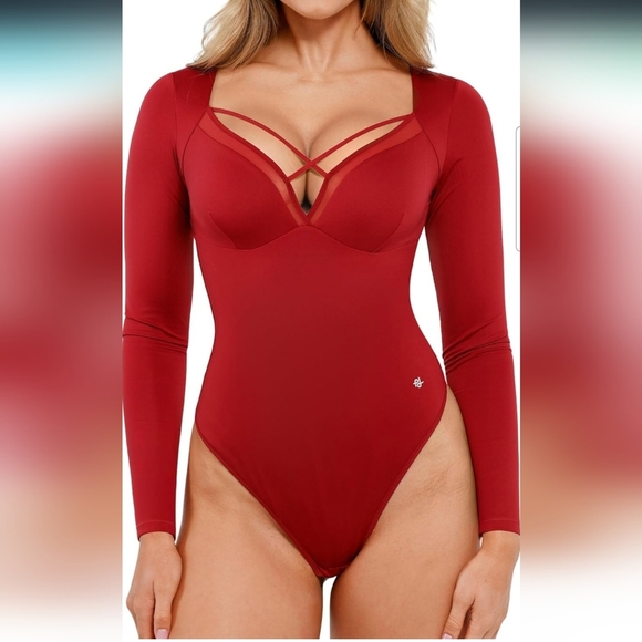 Popilush Women's Longsleeve Maroon Shapewear Tummy Control Bodysuit Size XXL - Picture 1 of 11